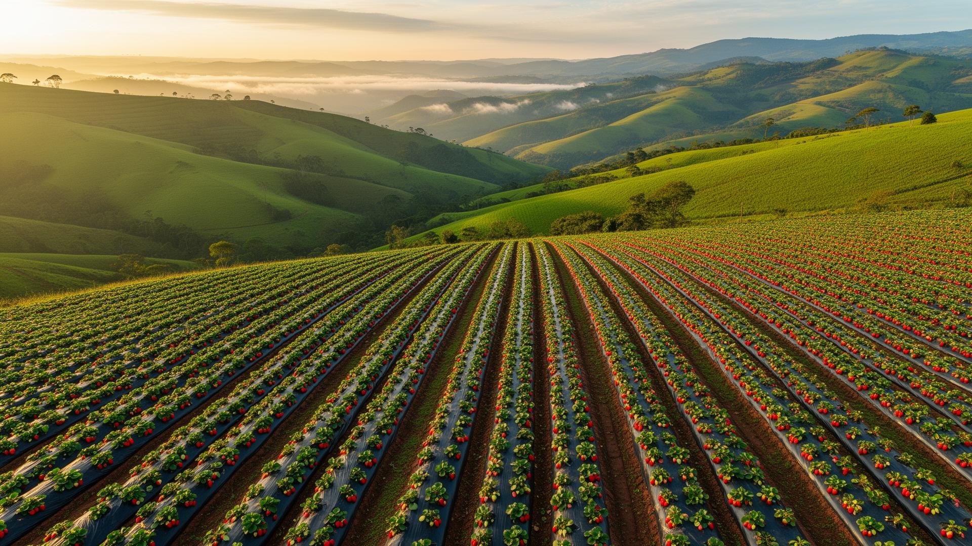 Lavouras de morango em Bom Repouso, Minas Gerais ao amanhecer