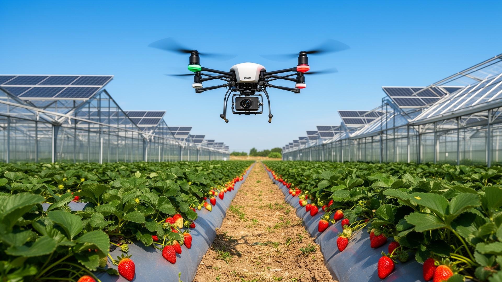 Drone agrícola sobrevoando lavoura de morango com estufas e energia solar